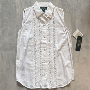 Ralph Lauren Button Down Shirt blouse white ruffled/pleated front sleeveless NWT
